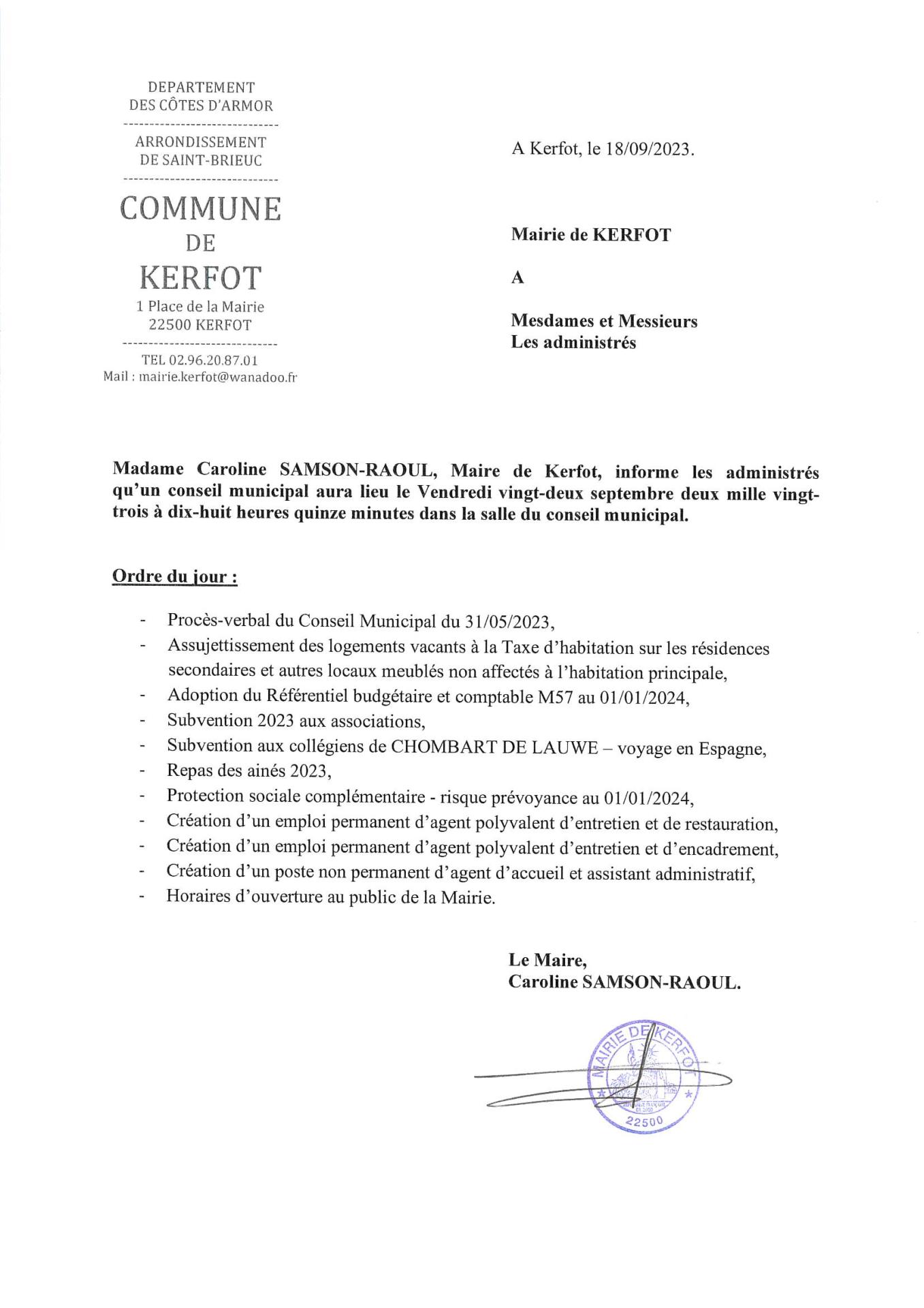 Conseil Municipal du 22/09/2023